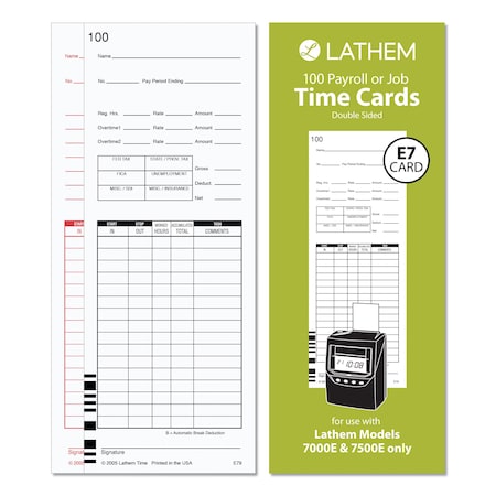 Lathem Time Time Clock Cards for 7000E/7500E, Two Sides, 3.38 x 8.78,100PK E79-100